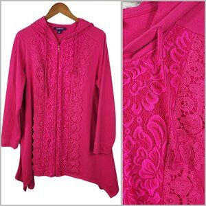 Roaman's Zip Up Hoodie Size Large XL 18/20 Pink Lace Assymetric Shark Bite Hem